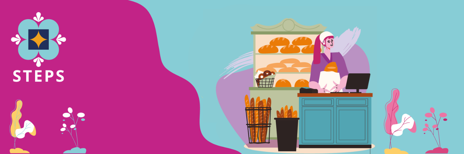 Illustration of food entrepreneur with pasos/steps logo