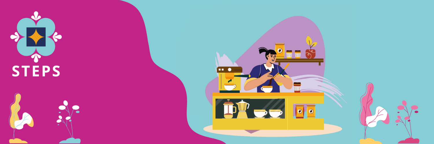 illustration of food entrepreneur and pasos/steps logo