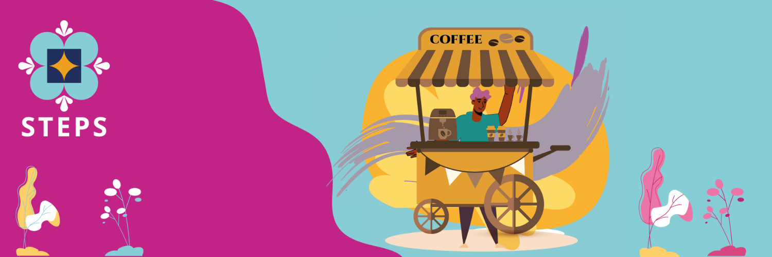 illustration of food entrepreneur and pasos/steps logo
