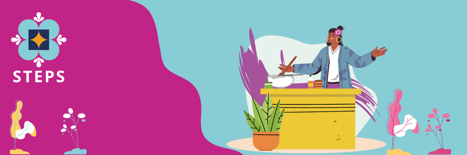 Illustration of food entrepreneur with pasos/steps logo